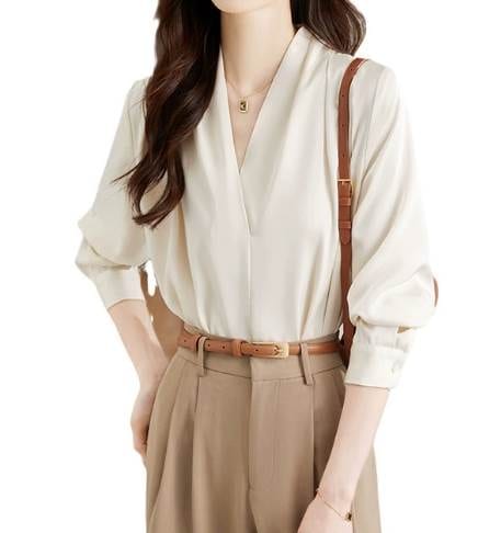 トップス シャツ 白シャツ ロング丈 袖あり 長袖 Vネック スマート シフォン 大人可愛い きれいめ シンプル 大人 上品 おしゃれ かっこいい 大人女子 ラフ メンズライク ボーイッシュ