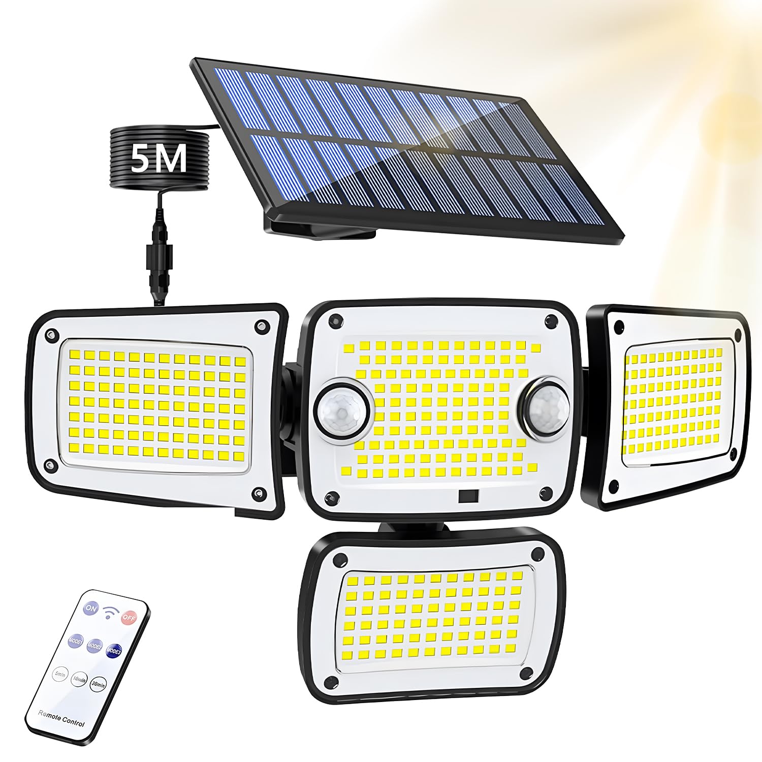 ソーラーライト 分離型 センサーライト 屋外 防水IP65 【342LED・極高輝度版・大型太阳能板10×20cm・2つの人感センサー・5M延長コード・4面発光】3つ点灯モード 防 13333