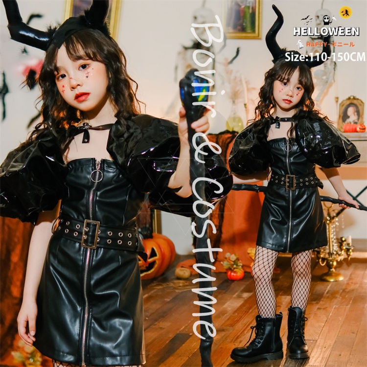 ハロウィン 魔女 衣装 女の子 黒 ウイッチ 魔法使い ハロウィーン 衣装 コスプレ レザー ワンピース メッシュ ブラック 可愛い 髪飾り キッズ コスチューム 変装 発表会 舞台劇 cosplay