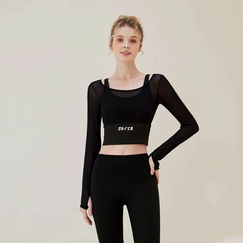 ヨガウェアセット レディース 長袖 新作 通気性 トレーニング ランニング フェイク ツーピース スポーツ フィットネスウェア