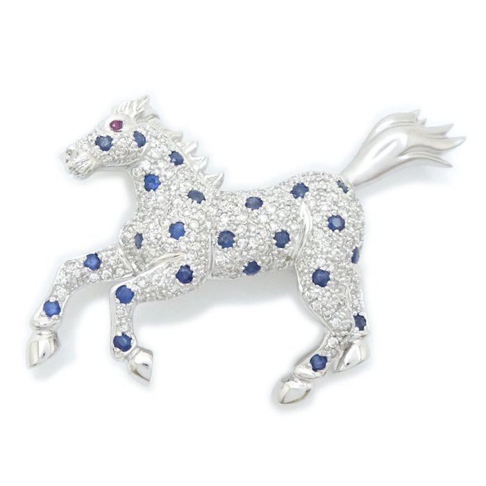 ブローチ 馬モチーフ サファイヤ1.42ct ダイヤモンド1.63ct ルビー0.02ct K18WG ホワイトゴールド/78880【中古】