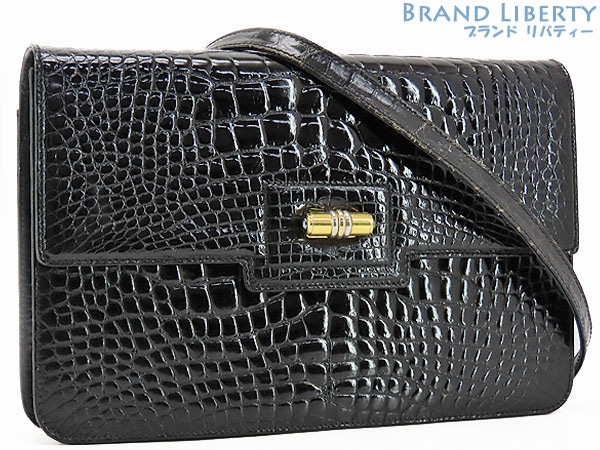 美品グッチヴィンテージオールドグッチクロコダイル斜め掛けショルダーバッグクラッチバッグブラック