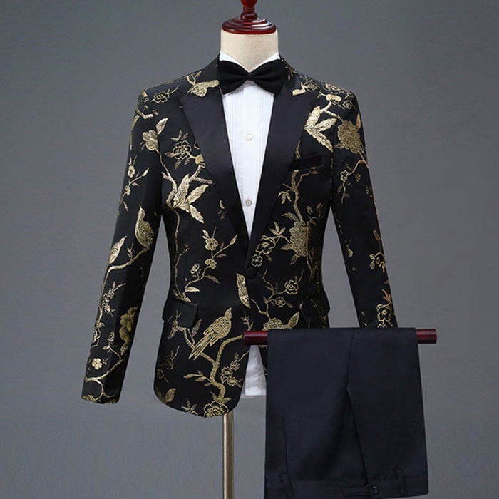 ステージ衣装 メンズ スーツ 上下2点セット スーツセット 忘年会 新年会 ダンス衣装 カラオケ衣装 舞台衣装 鳥 花 柄 赤 緑 青 金