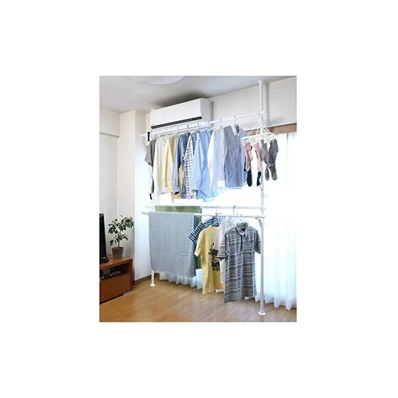突っ張りハンガーラック 衣類収納 幅120-0cm 耐荷重 45kg ダブル 布団も干せる 縦横伸縮 引っ掛け棒付属 組立かんたん ホワイト WJM-3(WH)