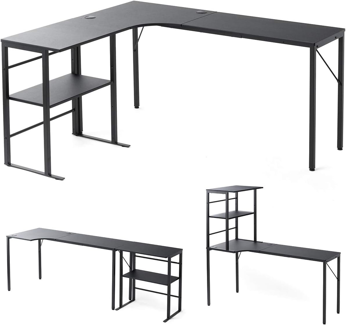 サンワダイレクト L字デスク 配置自由なシェルフ付 モニターアーム取付対応 ケーブル穴×2付き ゲーミングデスク ブラック 100-DESKH038BK