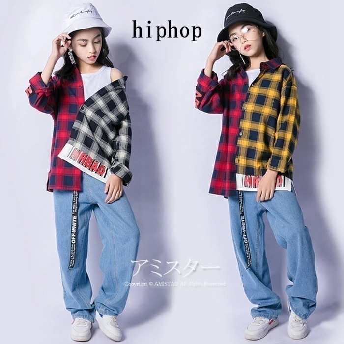 チェック tシャツ トップス 長袖 ヒップホップダンス衣装 トップス HIPHOP ダンス 衣装 キッズ デニムパンツ 原宿系 ジャズダンス衣装 練習着 体操服 チェック柄 シャツ ダンスズボン サル