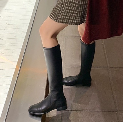 ロングブーツ スクエアトゥ 黒 ブラック 茶色 ブラウン 韓国 レディース オルチャン 22.5 23 23.5 24 24.5 25センチ ヒール2センチ ローヒール 歩きやすい 美脚
