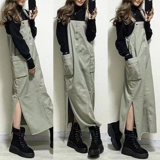 サロペット ロングワンピース ジャンパースカート ロング丈 ジャンスカ ポケット付き サイドスリット 韓国 レディース オルチャン シンプル 個性的 大人 かっこいい 高見え おしゃれ