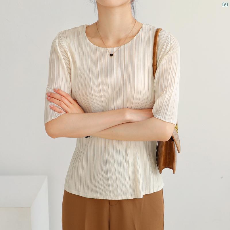 レディース ファッション　レディース　カジュアル　上品　綺麗　外出 プリーツ 半袖 Tシャツ 夏用 スリムフィット ショート ラウンドネック 小柄歳 スリム トップ