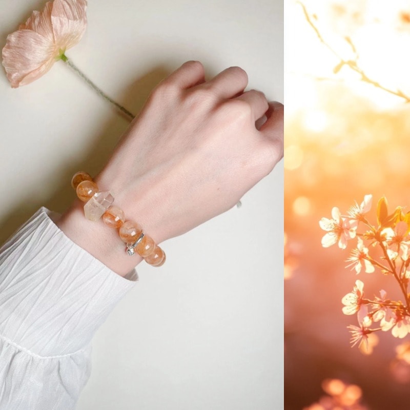 【2025春新作】天然石オリジナルブレスレット「喜楽」手作り水晶パワーストーン黄ラビットヘア×白水晶原石癒し・幸運・浄化・エネルギーUP