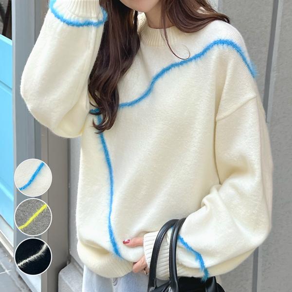 ニット アルパカタッチ フェザー ライン コード デザイン カジュアル 韓国ファッション / アルパカタッチラインフェザーニットトップス 5,683円