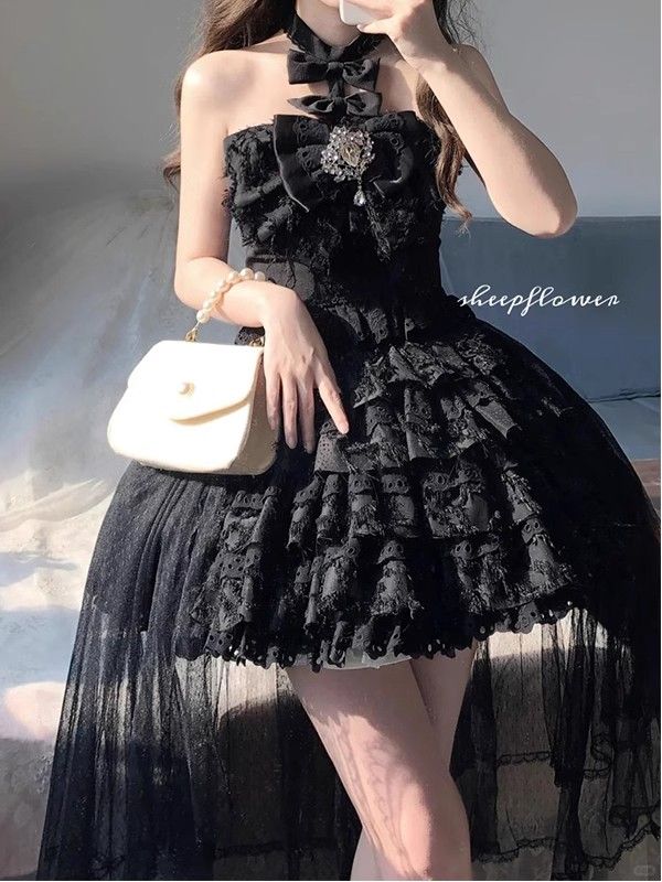 ブラック純粋なバレエスタイルロリータスカートケーキフラワーウェディングスプリットスカートロリータプリンセススカート女性ワンピースドレスドレス