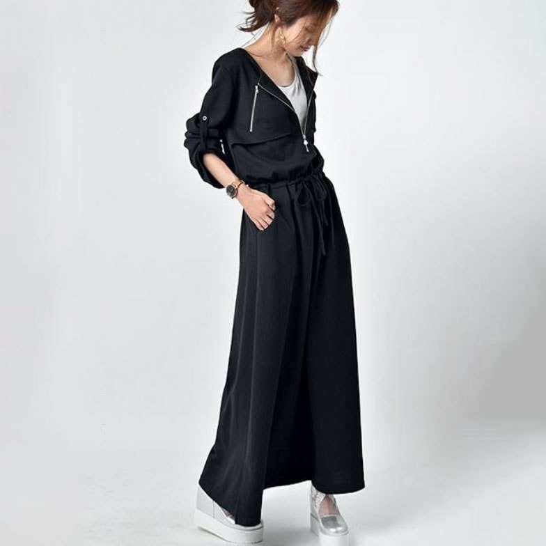 【流行の予感】 再入荷予定 カジュアル Vネック ジッパー ロング ワンピース