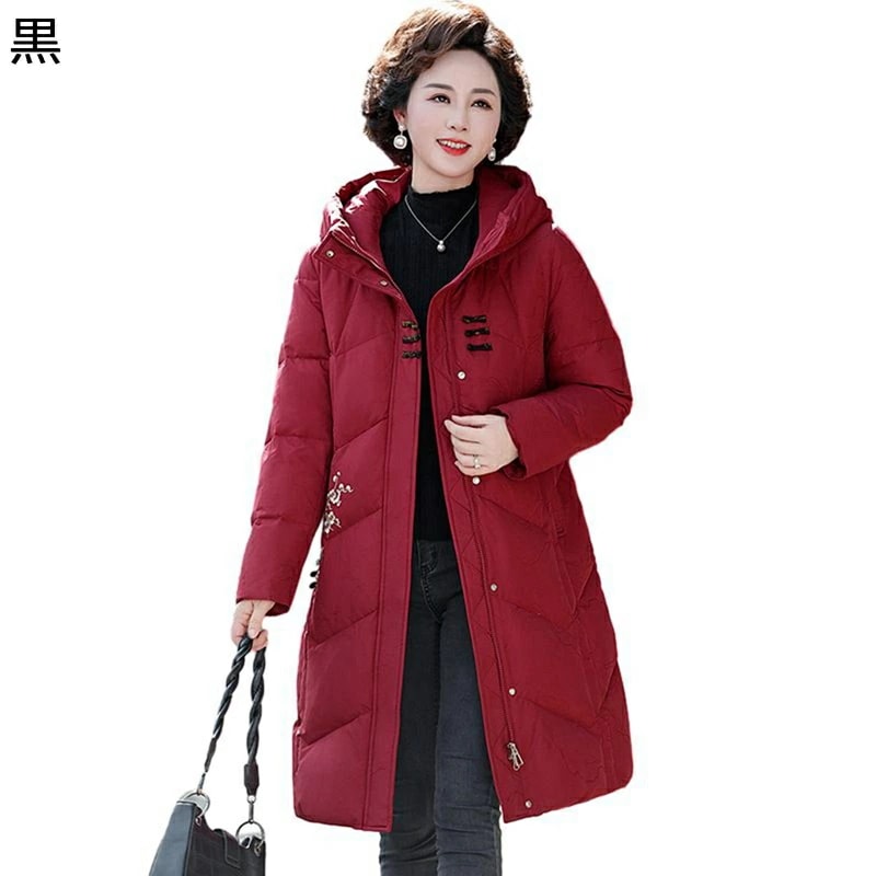 アウタージャケット レディース コットンジャケット フード付き 刺繍デザインポケット ロングコート 中綿 長袖 綿服 コート 上着 保温性 厚い 柔らかい 婦人 シニア 秋冬用 お年寄り 中高年