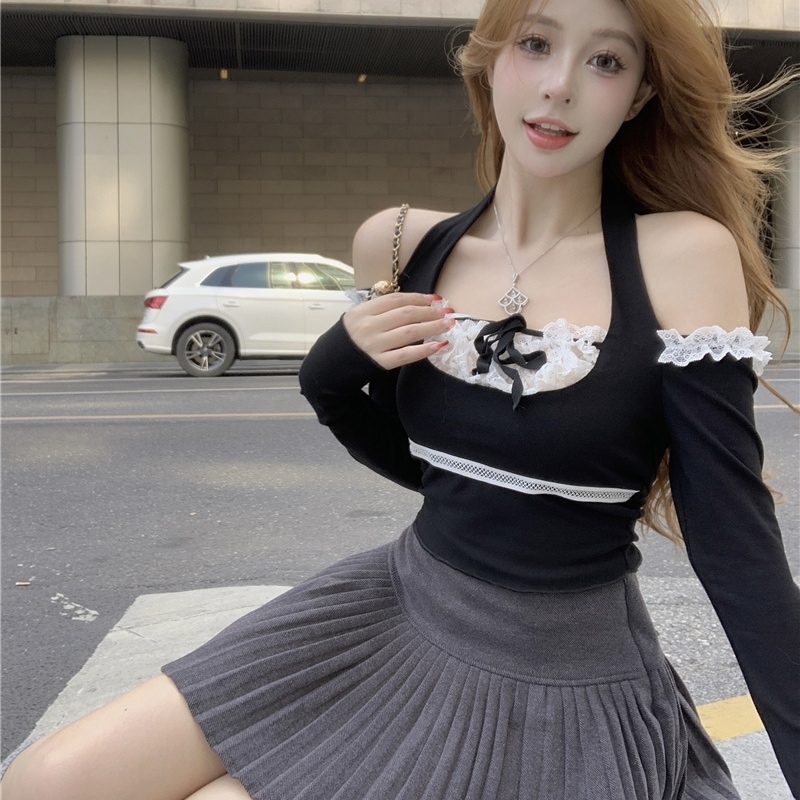 カットソー トップス ラウンドネック リボン ショート丈 オープンショルダー レース バイカラー バレエコア フェイクレイヤード 長袖 大人可愛い シンプル 上品 お洒落 こなれ感 普段使い