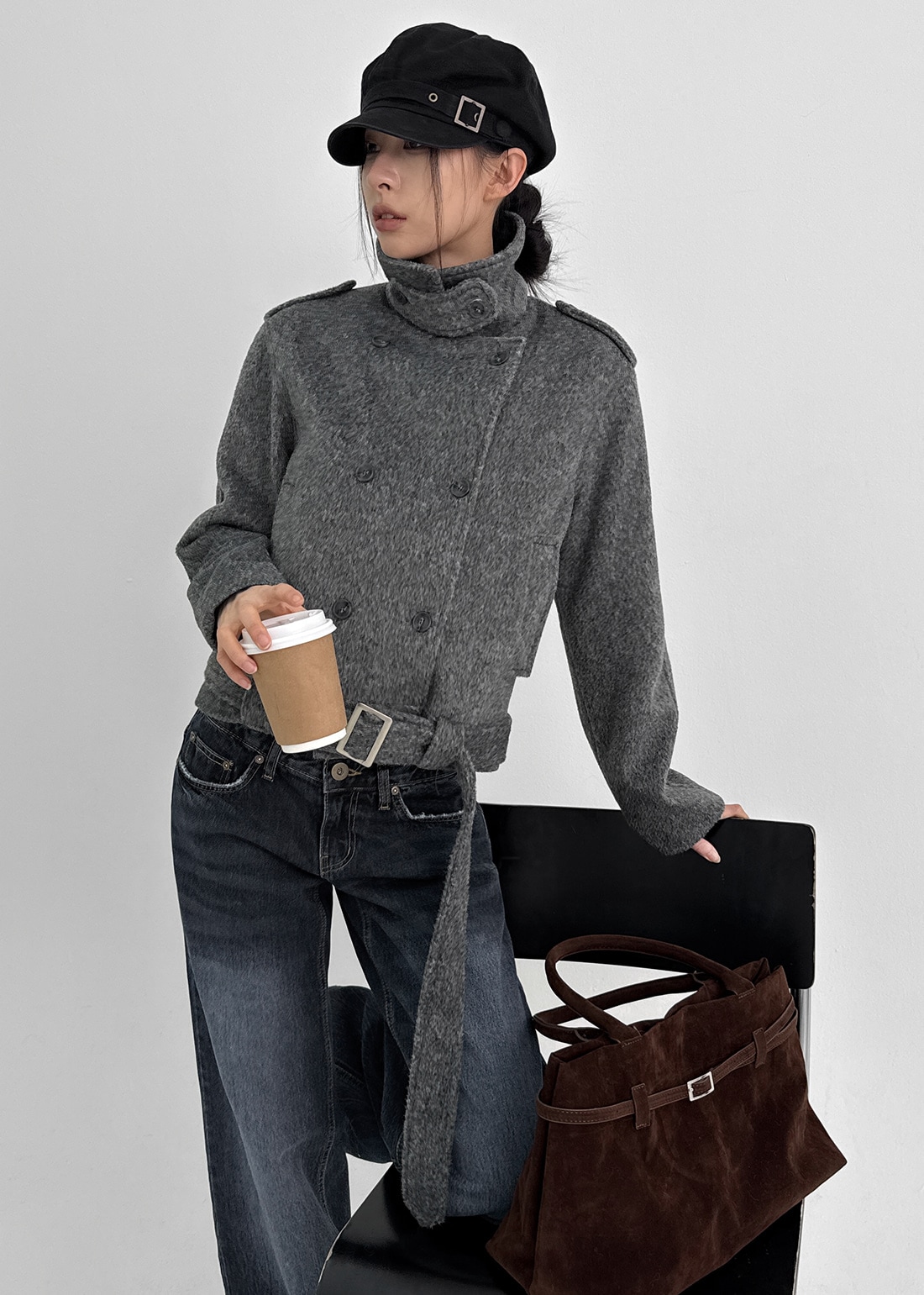 レソト キルティング ダブル ショートコート ベルトセット