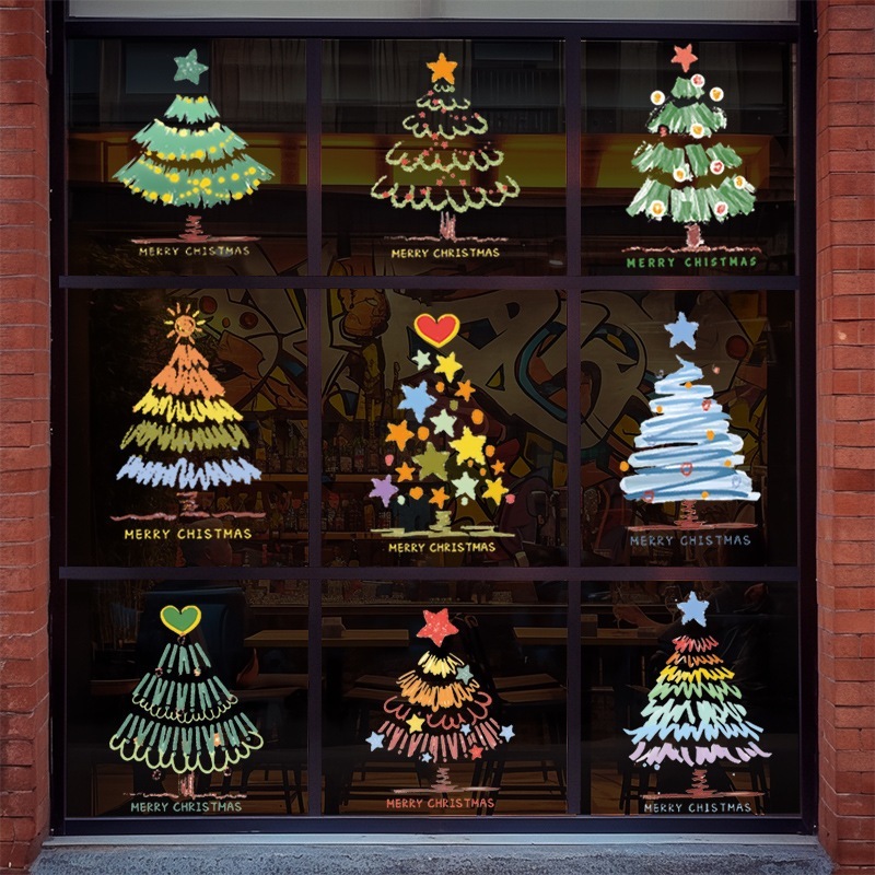 10個セット クリスマスショーウインドウガラス静電貼りクリスマスツリー飾り窓花貼り店舗祝日雰囲気配置貼り