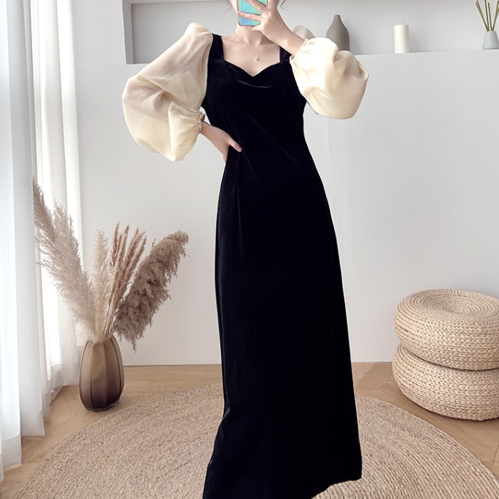 ワンピース ロング丈 袖あり 長袖 ボリューム袖 ドルマンスリーブ シフォン ペンタゴンネック タイト 個性的 2XL 大きいサイズ 異素材ミックス 無地 春 秋 冬 デート お出かけ レディース