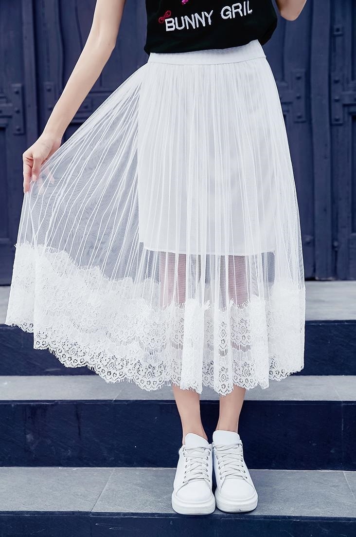 3078.シンプルカジュアル レースロングスカート（ホワイト）