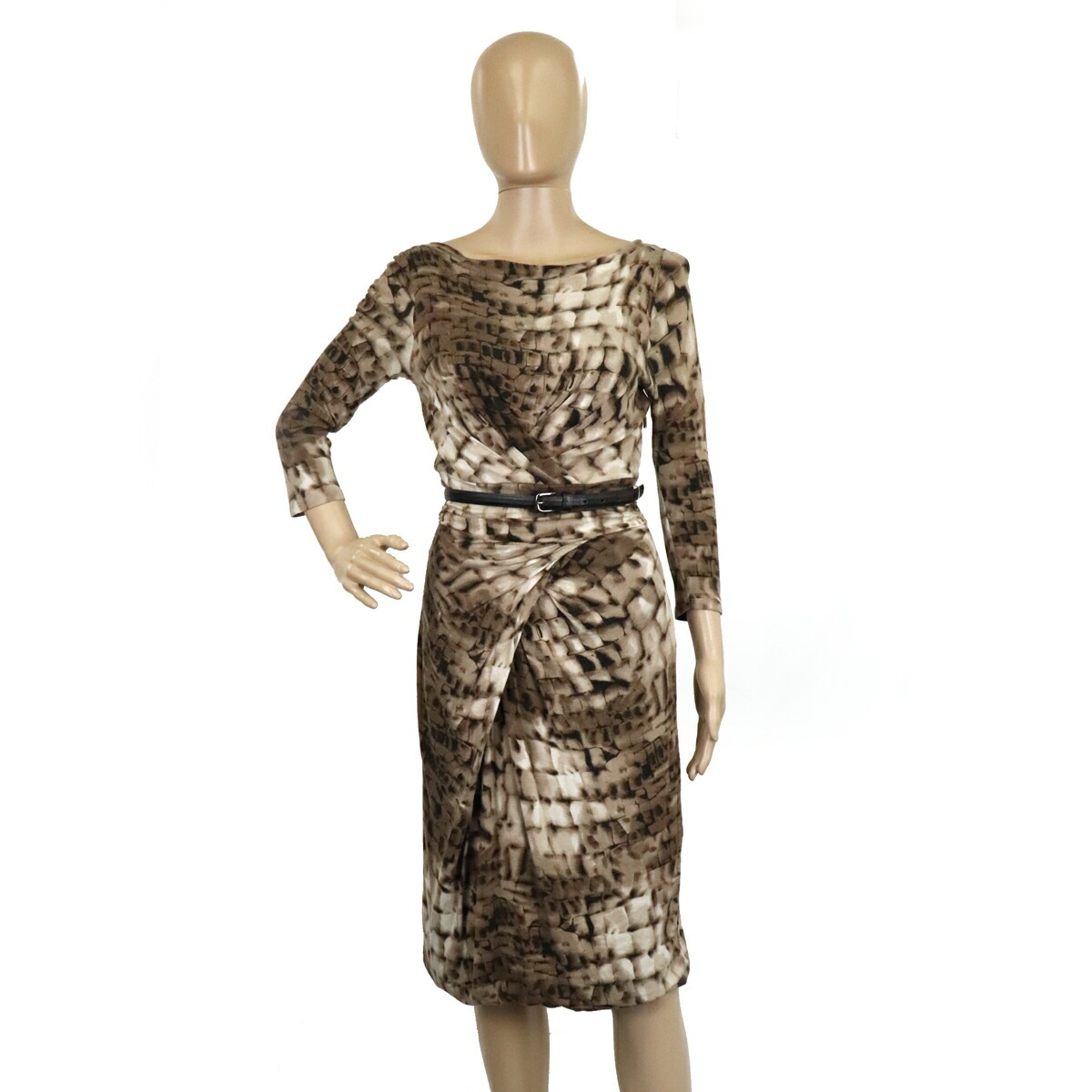 ワンピース 七分袖 ベルト付 総柄 ストレッチ レーヨン グレージュ系マルチカラー #38 クリーニング