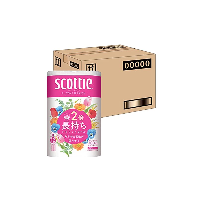 【ケース販売】 スコッティ フラワーパック 2倍巻き(6ロールで12ロール分) トイレット 50mダブル ホワイト 8パック入り