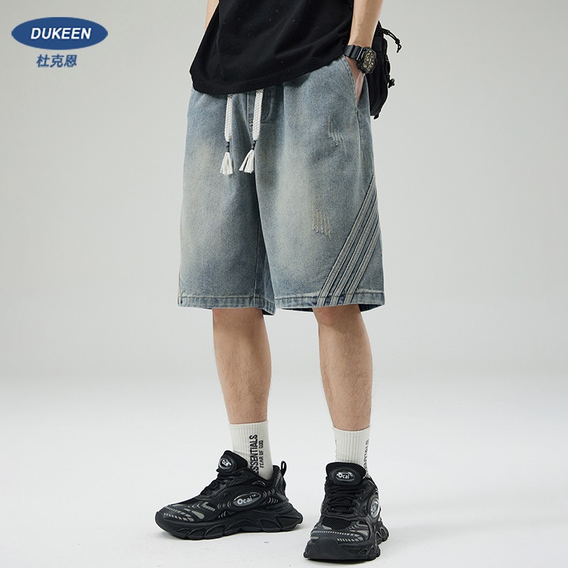 デニムショートパンツ メンズ 2024年夏新作 アメリカンヘビーウェイト ルーズストレートデザイン カジュアル 5点パンツ