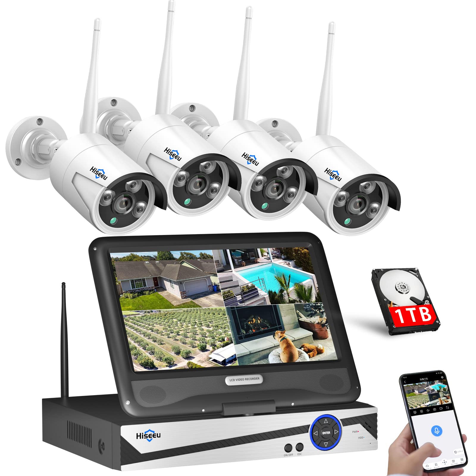 【500万画素】ワイヤレス防犯カメラセット Hiseeu 屋外セキュリティカメラ 10.1インチ NVR 8チャンネルまで増設可 カメラ4台 500万画素カメラ 遠隔監視 防水等級ip66 動態検知