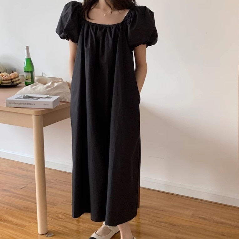 レディース スカート ワンピース プルオーバー ドレス ロングスカート ロング 半袖 パフスリーブ スクエアネック 襟なし ノーカラー ワイド 背中開き 薄手 かわいい 大人可愛い きれいめ シンプル