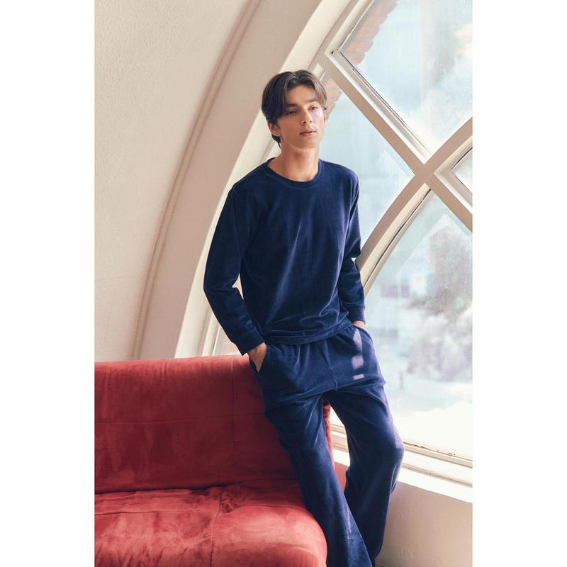 ベロア畝のソリッド男性室内着セットVEVSG