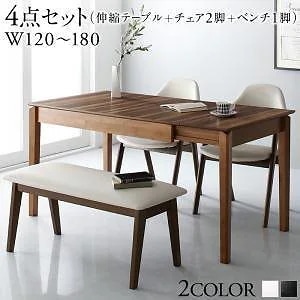 モダンデザイン 天然木伸縮式テーブルダイニングシリーズ [Monoce]モノーチェ 4点セット（テーブル+チェア2脚+ベンチ1脚） [チェア色]ホワイト2脚 [ベンチ色]ホワイト