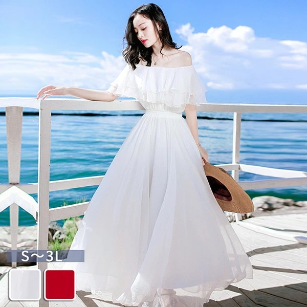 新しい ワンピース オフショルダー マキシ丈 大きいサイズ 上品 夏ワンピース 大人可愛い 夏ワンピ リゾートワンピース 無地 セクシー おしゃれ かわいい 女性らしさ溢れる ハワイ 沖縄 ホワイト