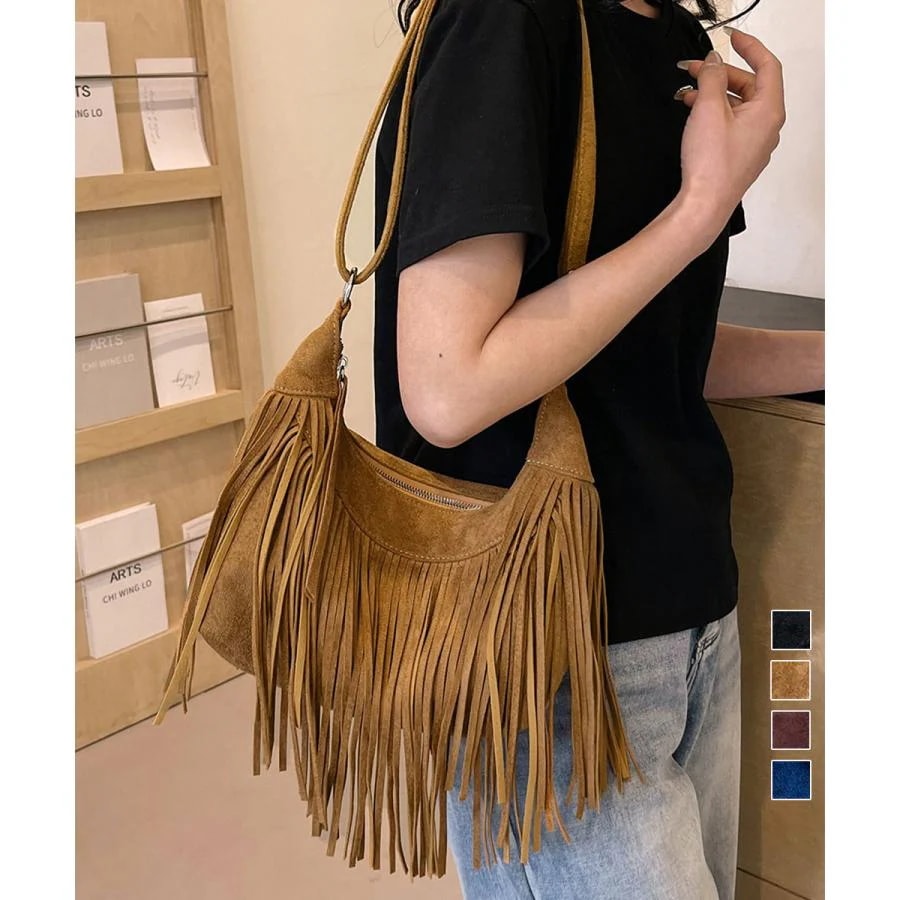 [ 期間限定] 韓国人気 フリンジショルダーバッグスエード調バッグ