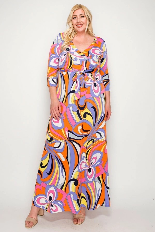 ジャネットファッション(JANETTE FASHION) ワンピース 1X 2X 3Xサイズ カシュクール 7分袖 ロング丈 ジャージー 総柄 レディース 大人 きれいめ　大きいサイズ【送料無料】
