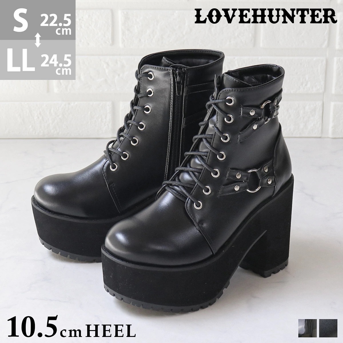 ブーツ レディース ショート 厚底 10.5cmヒール ベルト ラウンドトゥ 歩きやすい タンクソール レースアップ サイドジップ レザー 合成皮革 エナメル No.1647 22.5-24.5cm