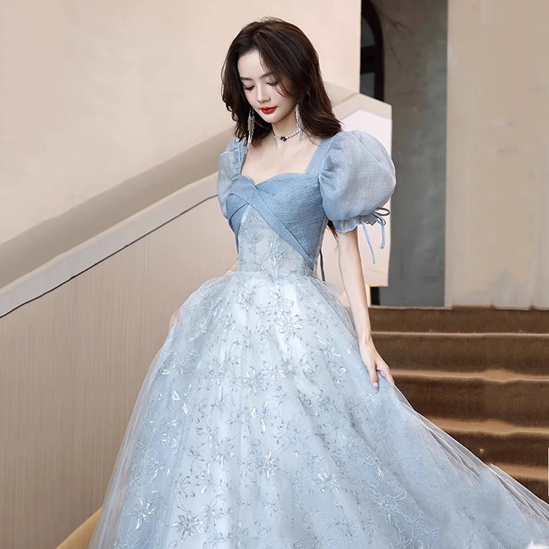 2025新品追加パーティドレス ブルー ワンピース 韓国ファッション プリンセススカート 卒業式 結婚式 誕生日 演奏会 花嫁 司会 ホスト パーティー