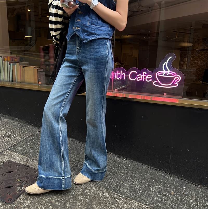 デニムパンツ ロング かっこいい クール カジュアル ハイウエスト ポケット 裾ワイド ボトムス ロング丈 スリム タイト 細身 ベルト 綿 ブルーデニム コットン 大人可愛い シンプル 上品 おしゃ