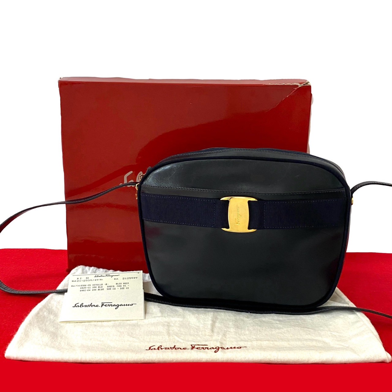 ヴィンテージ ヴァラリボン 金具ショルダーバッグ レザー ネイビー 326-5