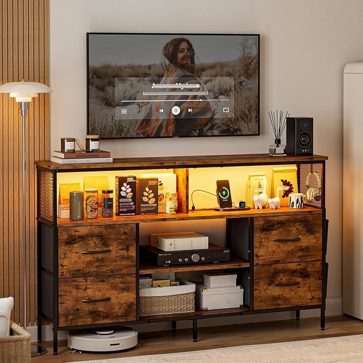 チェスト収納 タンス 棚付き 箪笥リビング収納チェスト LEDライト付き テレビボード おしゃれ 収納ケース 引き出し 大容量 布製 (ビンテージ, 幅140x奥行30x高さ82cm)