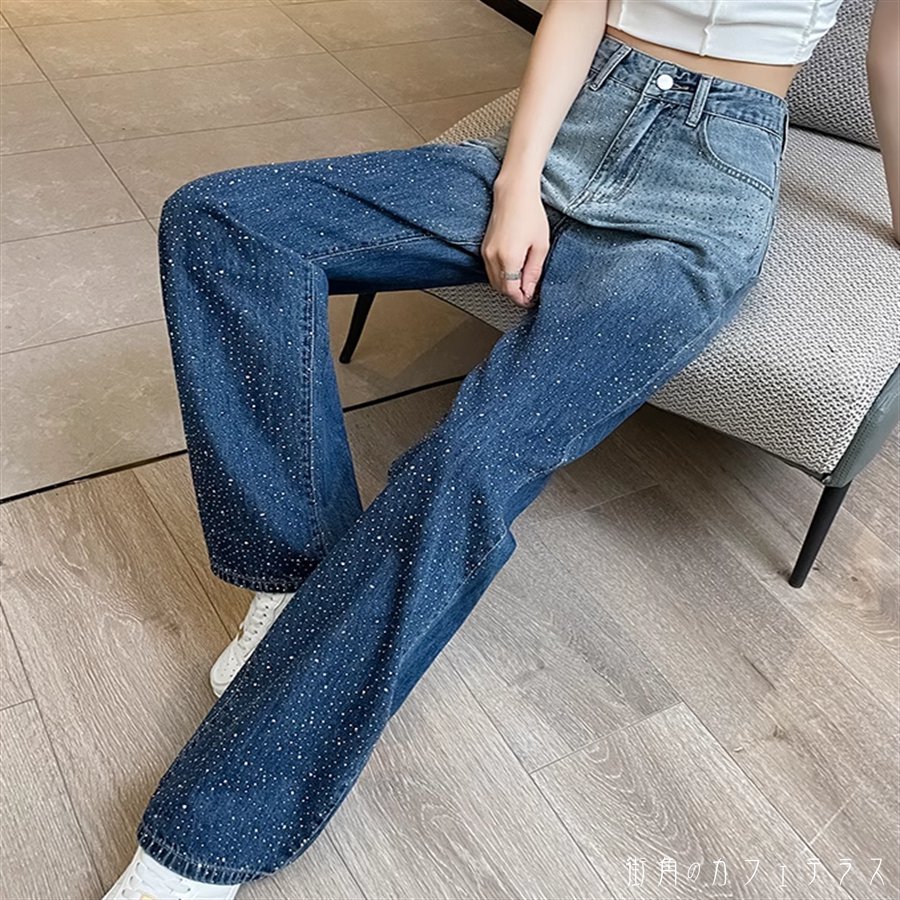 デニムパンツ フレア Aライン ボトム ロング マキシ ポケット キラキラ ブルーデニム かわいい 大人可愛い 大人女子 綺麗 シンプル カジュアル 大人 おしゃれ お洒落 こなれ感 ラフ コンサバ