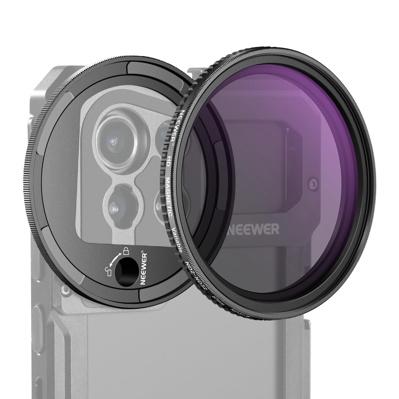 NEEWER 67mm 磁気可変NDフィルター ND2-32 (1-5 ストップ) スマホレンズ Mマウントアダプターリング付き コンパチブル NEEWER Mレンズマウントバックプレーン付きスマホケ
