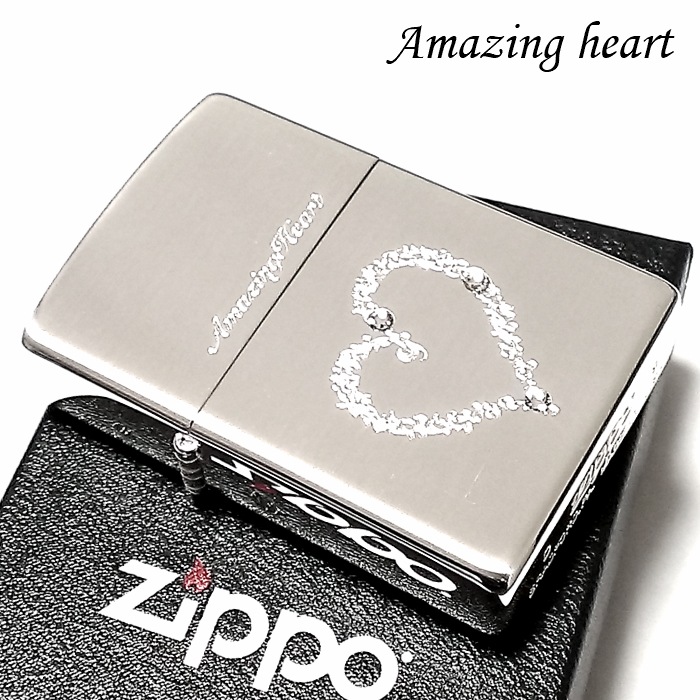 ZIPPO ライター ジッポ アメージングハート スワロフスキー 可愛い シルバーサテン メンズ レディース ジッポー ギフト バレンタイン プレゼント かわいい 女性 彫刻 おしゃれ