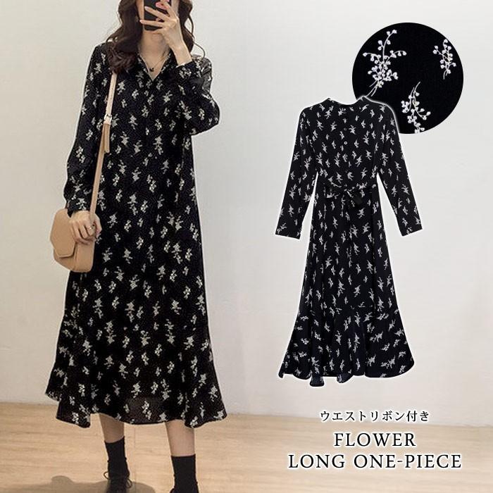【送料無料】ワンピース レディース 花柄 黒 ひざ下 マキシ Aライン フレア フラワー 小花柄 ロング ブラック 大人 代 30代 40代 ママ 母 L