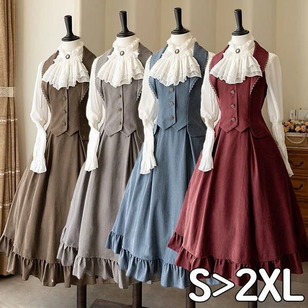 ロリータ スカート ベスト シャツ追加可 レディース ロング イギリス風 lolita エレガント クラシック フレアスカート 可愛い 大人 ハイウエスト レッド ブルー ブラウン グレー S M L