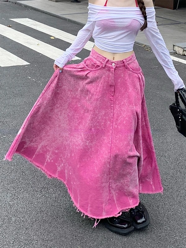 納期1~3週間程：女性用デニムスカートウエスト,ロング,足首丈,ローズレッド,ルーズ,シック,ファッション,ストリートスタイル,新作,春,秋 10,353円