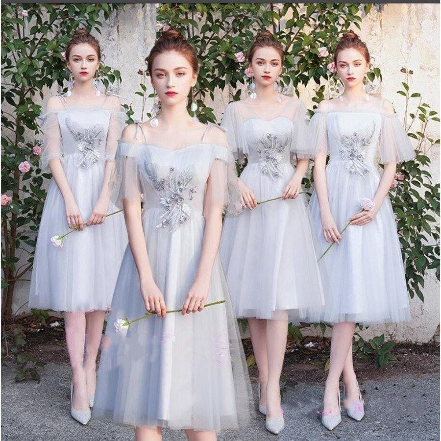 ミモレ丈ドレスグレーブライズメイドドレス花嫁の介添えドレス大人演奏会合奏二次会パーティードレスウェディングドレス披露宴結婚式3040