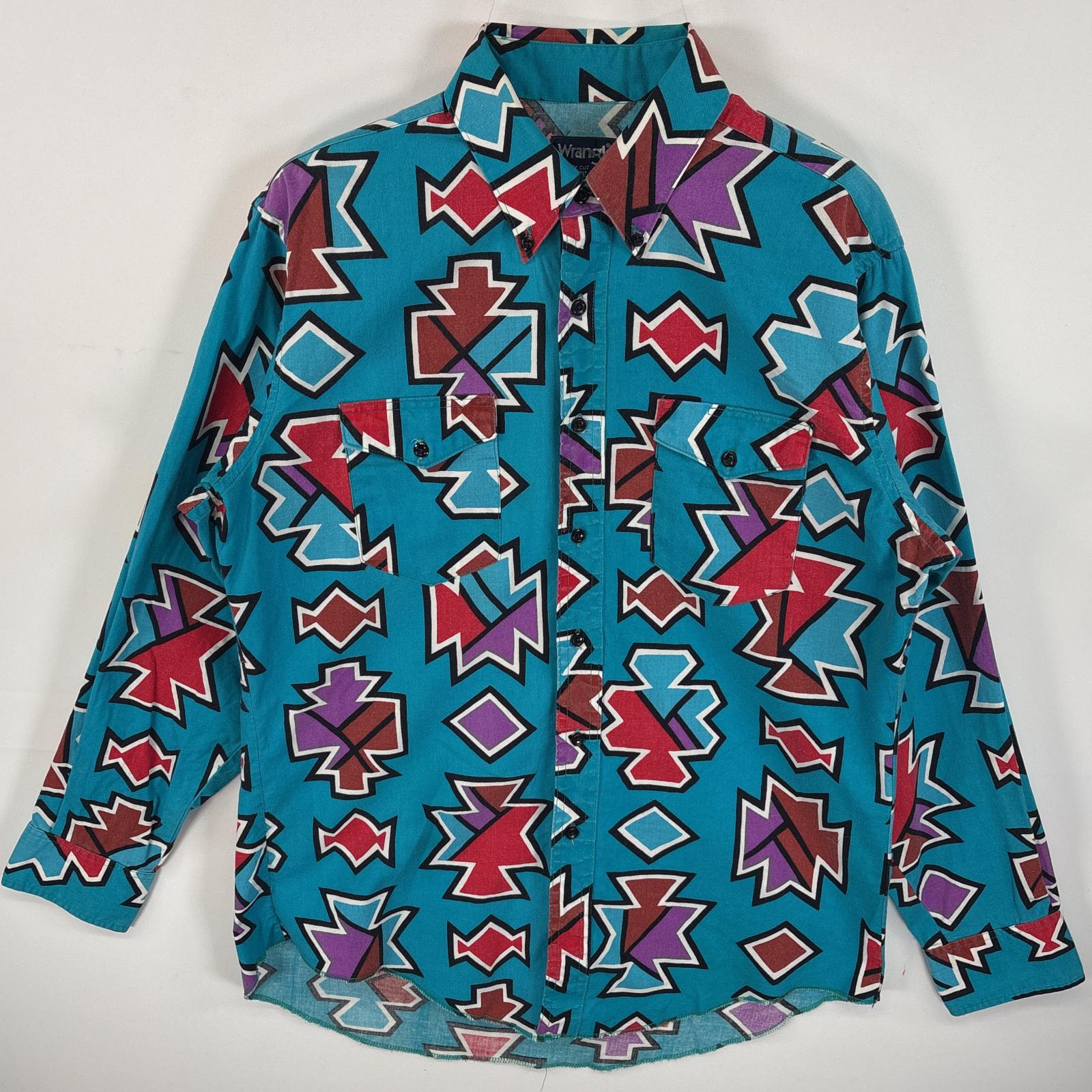 古着 長袖シャツ ネイティブ柄 ボタンダウンシャツ USA製 X-LONG 16-34 ブルー系 総柄 メンズ