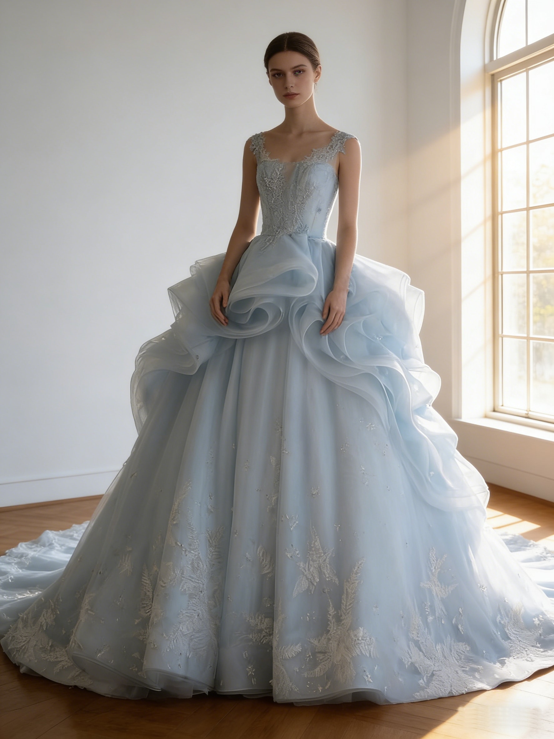 カラードレス 爽やかで優しいブルー キャミソール 繊細なレース 華やかなトレーン 編み上げ ラッフルフリル ブライダル