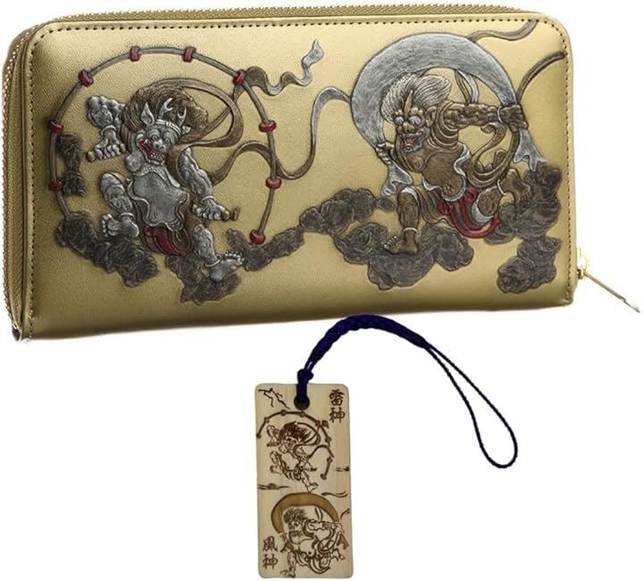 風神 雷神 メンズ ラウンド財布 本革 和柄 和装 和彫り 国宝 俵屋 宗達 復刻 日本製 金 黄金 ゴールド 金運 根付 進呈(風神雷神霊木札)