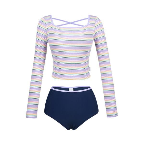 *ビーチバッグ ジッパーバッグ ポリバッグ 3種 無償贈呈*女性 カラフル ストライプ ラッシュガード セット パープル RN-LS2F923-PP