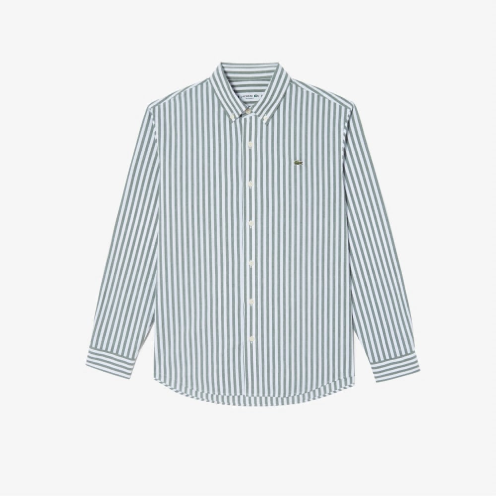 LACOSTE メンズストライプレクチャーコットンシャツ [カーキ]